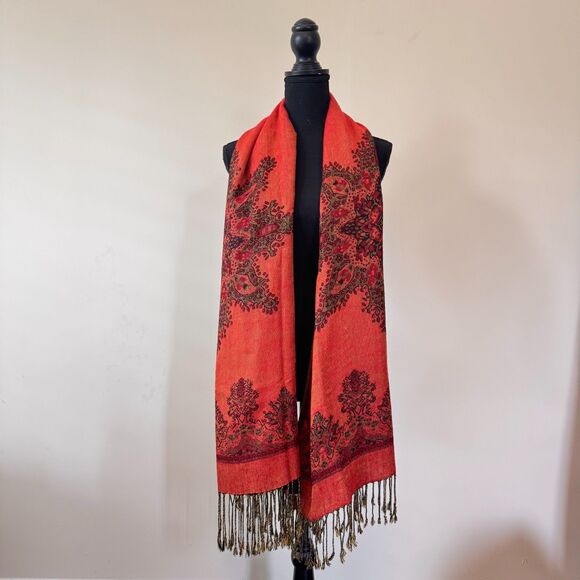 Accessories - Red Black Gold Paisley Fringe Scarf Shawl Wrap